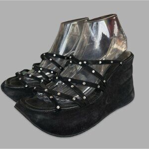 Y2K Stephane Kelian Strappy Suede Rhinestone Platform Wedge Sandals Black 8.5